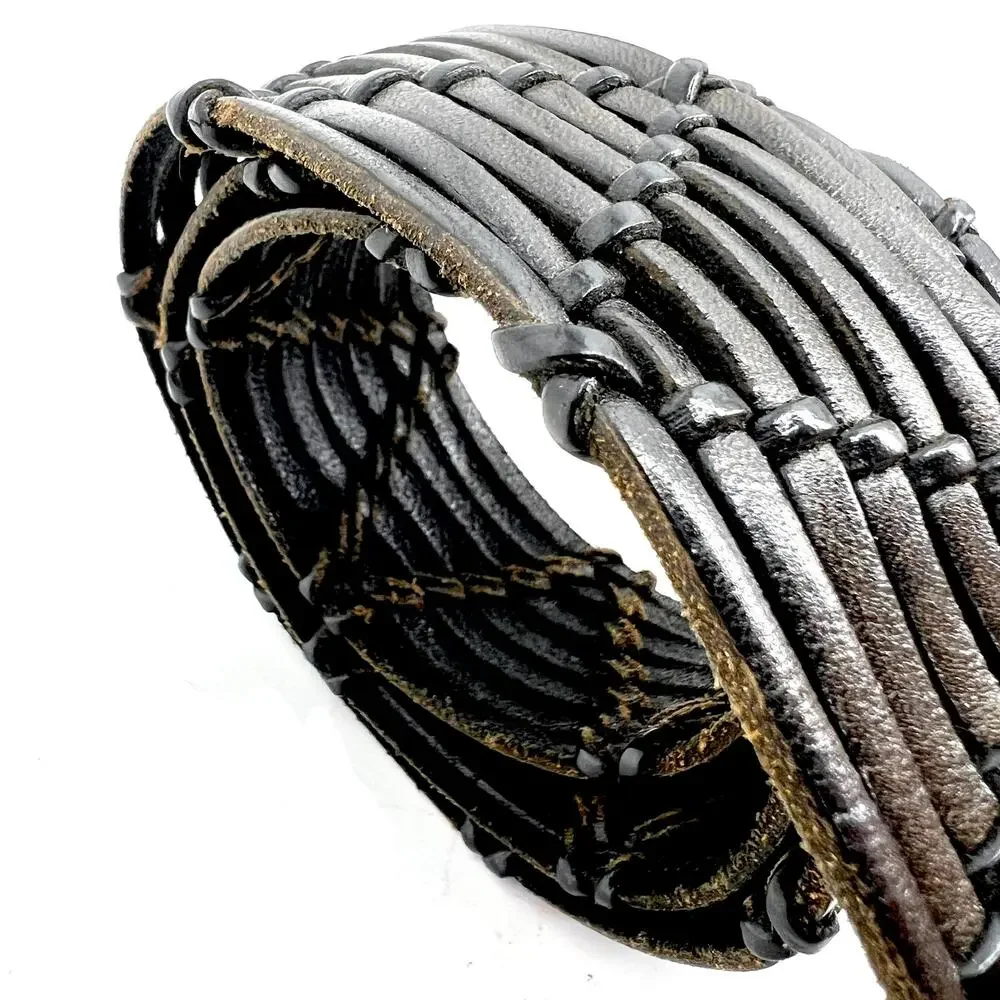 Vintage Brighton Black Leather Woven Belt Silver Buckle Size XL 36